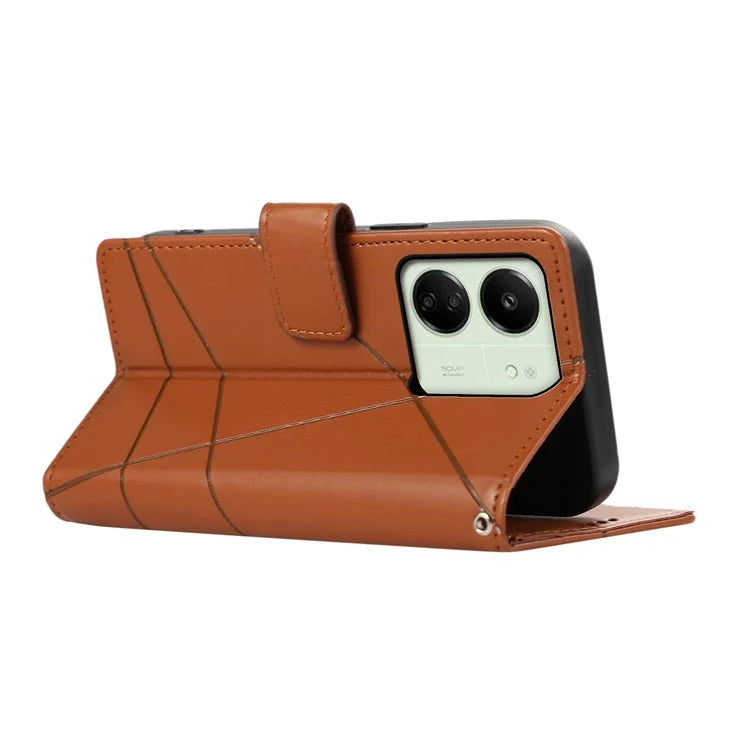 DF-06 For Xiaomi Redmi 13C 4G / Poco C65 4G Case Imprinted Lines Leather Wallet Phone Cover with Wrist Strap