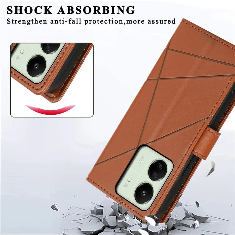 DF-06 For Xiaomi Redmi 13C 4G / Poco C65 4G Case Imprinted Lines Leather Wallet Phone Cover with Wrist Strap