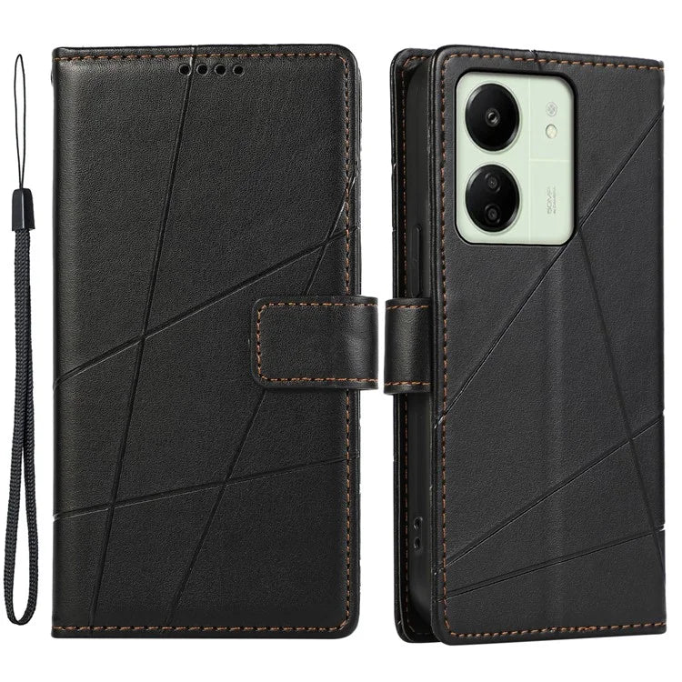 DF-06 For Xiaomi Redmi 13C 4G / Poco C65 4G Case Imprinted Lines Leather Wallet Phone Cover with Wrist Strap