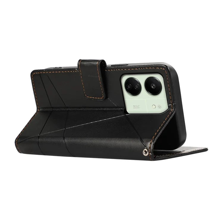 DF-06 For Xiaomi Redmi 13C 4G / Poco C65 4G Case Imprinted Lines Leather Wallet Phone Cover with Wrist Strap