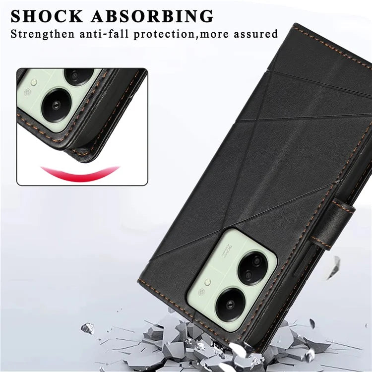 DF-06 For Xiaomi Redmi 13C 4G / Poco C65 4G Case Imprinted Lines Leather Wallet Phone Cover with Wrist Strap