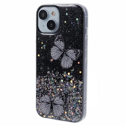Butterfly Decor Sparkle Epoxy Cover For iPhone 15 Phone Case AW Series TPU+PVC Shell