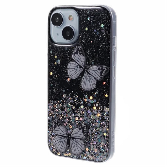 Butterfly Decor Sparkle Epoxy Cover For iPhone 15 Phone Case AW Series TPU+PVC Shell