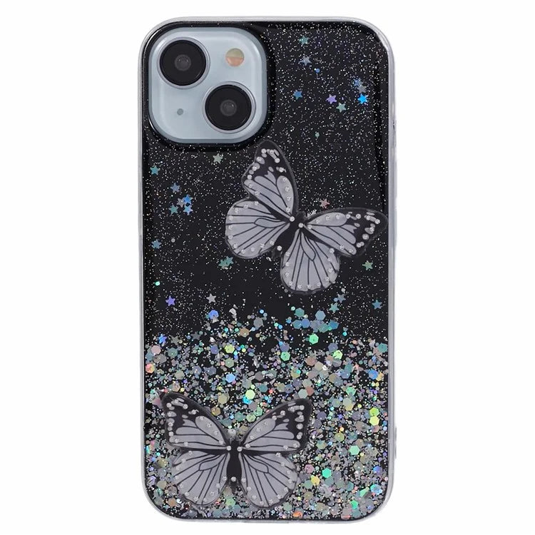 Butterfly Decor Sparkle Epoxy Cover For iPhone 15 Phone Case AW Series TPU+PVC Shell