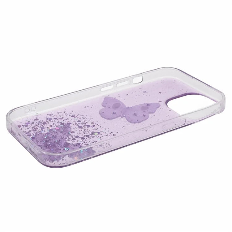 Butterfly Decor Sparkle Epoxy Cover For iPhone 15 Phone Case AW Series TPU+PVC Shell