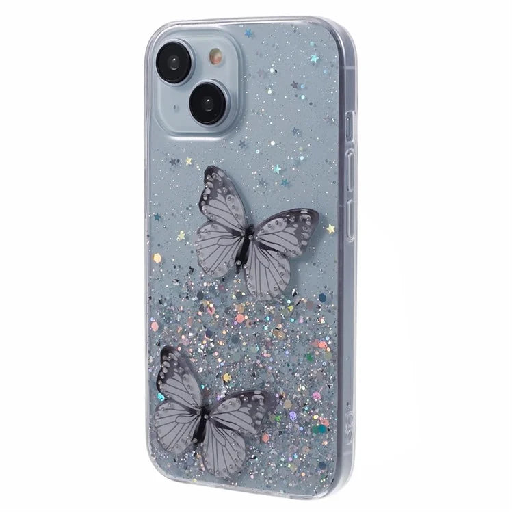 Butterfly Decor Sparkle Epoxy Cover For iPhone 15 Phone Case AW Series TPU+PVC Shell