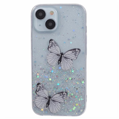 Butterfly Decor Sparkle Epoxy Cover For iPhone 15 Phone Case AW Series TPU+PVC Shell