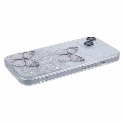Butterfly Decor Sparkle Epoxy Cover For iPhone 15 Phone Case AW Series TPU+PVC Shell
