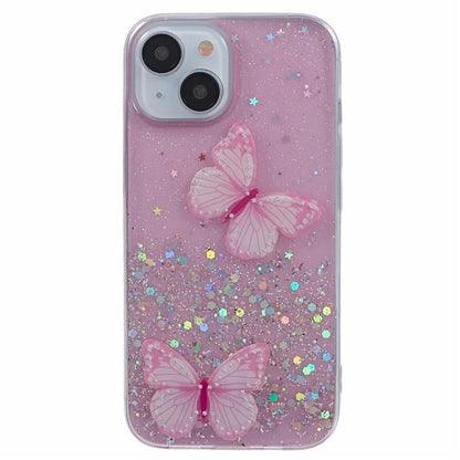 Butterfly Decor Sparkle Epoxy Cover For iPhone 15 Phone Case AW Series TPU+PVC Shell
