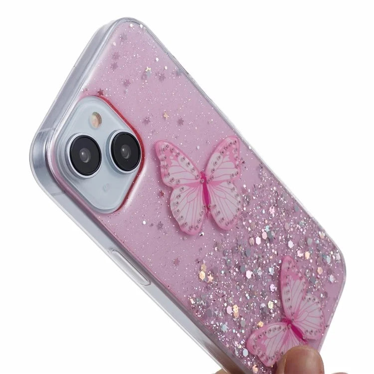 Butterfly Decor Sparkle Epoxy Cover For iPhone 15 Phone Case AW Series TPU+PVC Shell