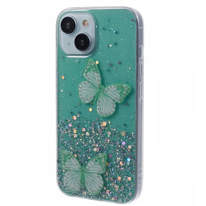 Butterfly Decor Sparkle Epoxy Cover For iPhone 15 Phone Case AW Series TPU+PVC Shell