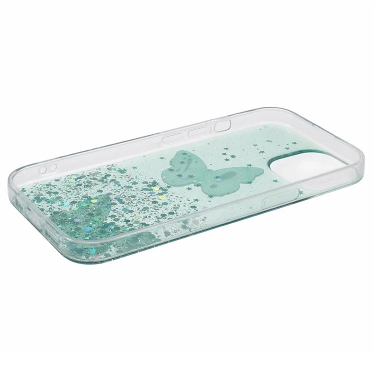 Butterfly Decor Sparkle Epoxy Cover For iPhone 15 Phone Case AW Series TPU+PVC Shell