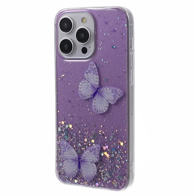 AW Series For iPhone 14 Pro Case TPU+PVC Big Rear Lens Hole Cover with Sparkle Epoxy Butterfly Decor