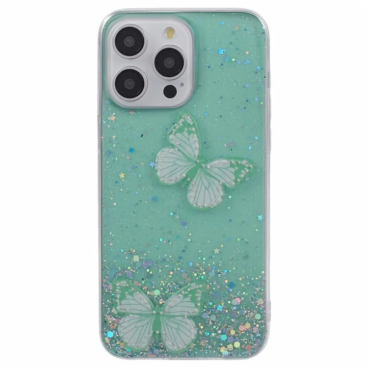 AW Series For iPhone 14 Pro Case TPU+PVC Big Rear Lens Hole Cover with Sparkle Epoxy Butterfly Decor