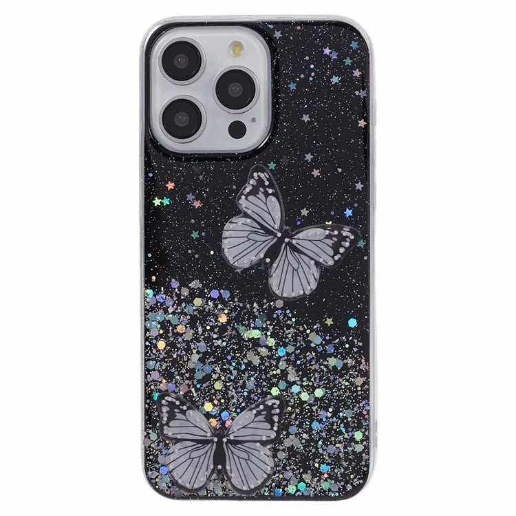 AW Series For iPhone 14 Pro Case TPU+PVC Big Rear Lens Hole Cover with Sparkle Epoxy Butterfly Decor