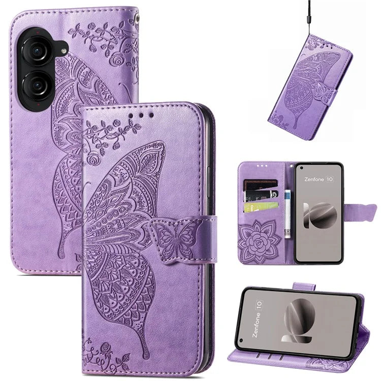 For Asus Zenfone 10 5G Cell Phone Case Butterfly Imprinted Anti-fall Wallet Leather Cover