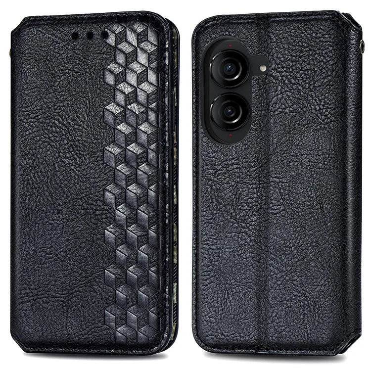 For Asus Zenfone 10 5G Magnetic Case PU Leather Rhombus Imprinted Anti-drop Phone Wallet Cover