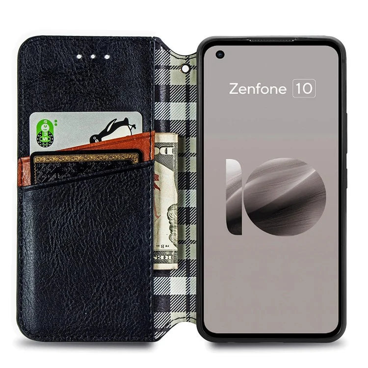 For Asus Zenfone 10 5G Magnetic Case PU Leather Rhombus Imprinted Anti-drop Phone Wallet Cover