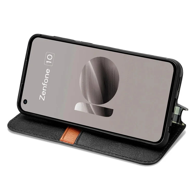 For Asus Zenfone 10 5G Magnetic Case PU Leather Rhombus Imprinted Anti-drop Phone Wallet Cover