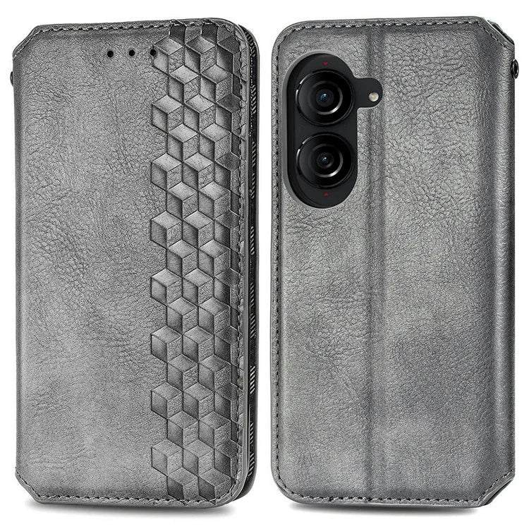 For Asus Zenfone 10 5G Magnetic Case PU Leather Rhombus Imprinted Anti-drop Phone Wallet Cover