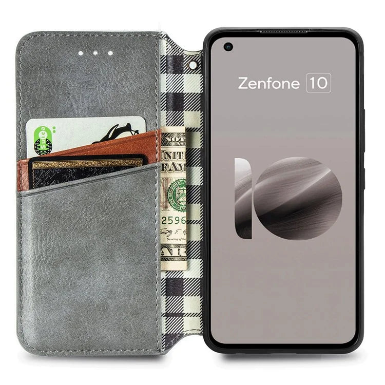 For Asus Zenfone 10 5G Magnetic Case PU Leather Rhombus Imprinted Anti-drop Phone Wallet Cover