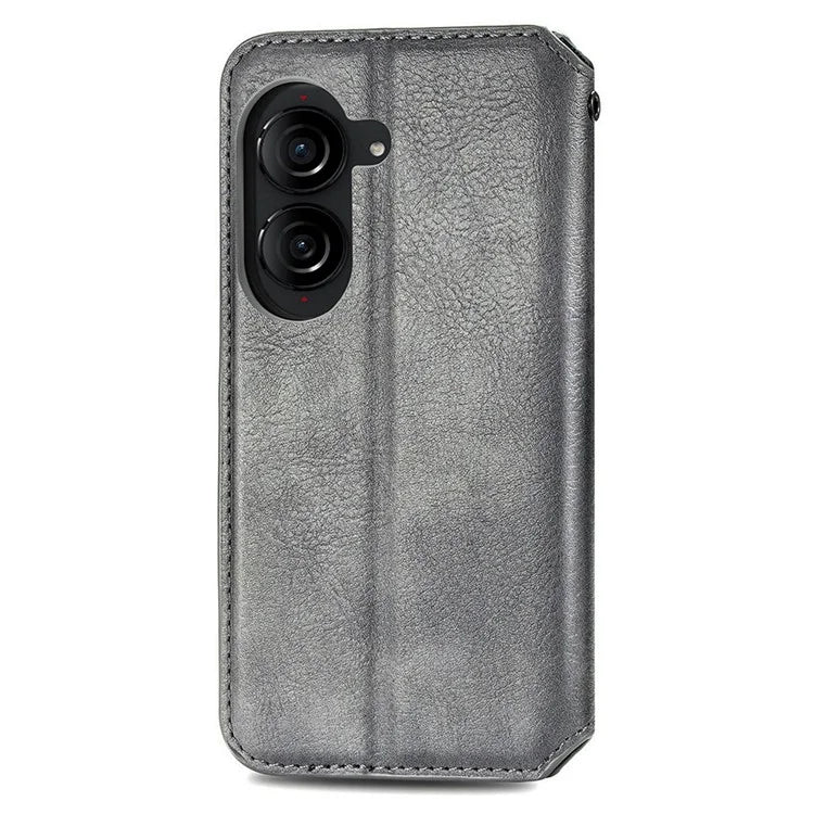 For Asus Zenfone 10 5G Magnetic Case PU Leather Rhombus Imprinted Anti-drop Phone Wallet Cover