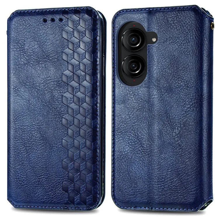 For Asus Zenfone 10 5G Magnetic Case PU Leather Rhombus Imprinted Anti-drop Phone Wallet Cover
