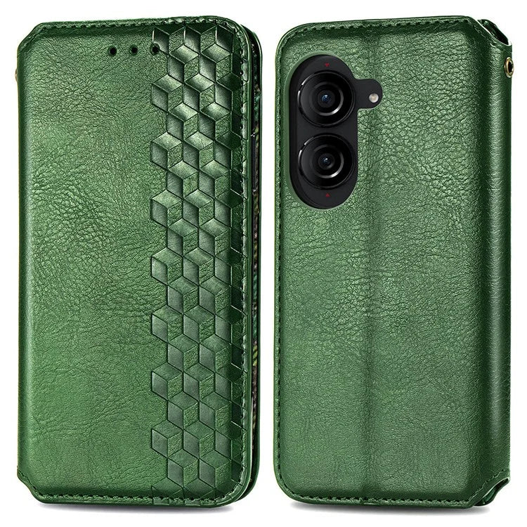 For Asus Zenfone 10 5G Magnetic Case PU Leather Rhombus Imprinted Anti-drop Phone Wallet Cover