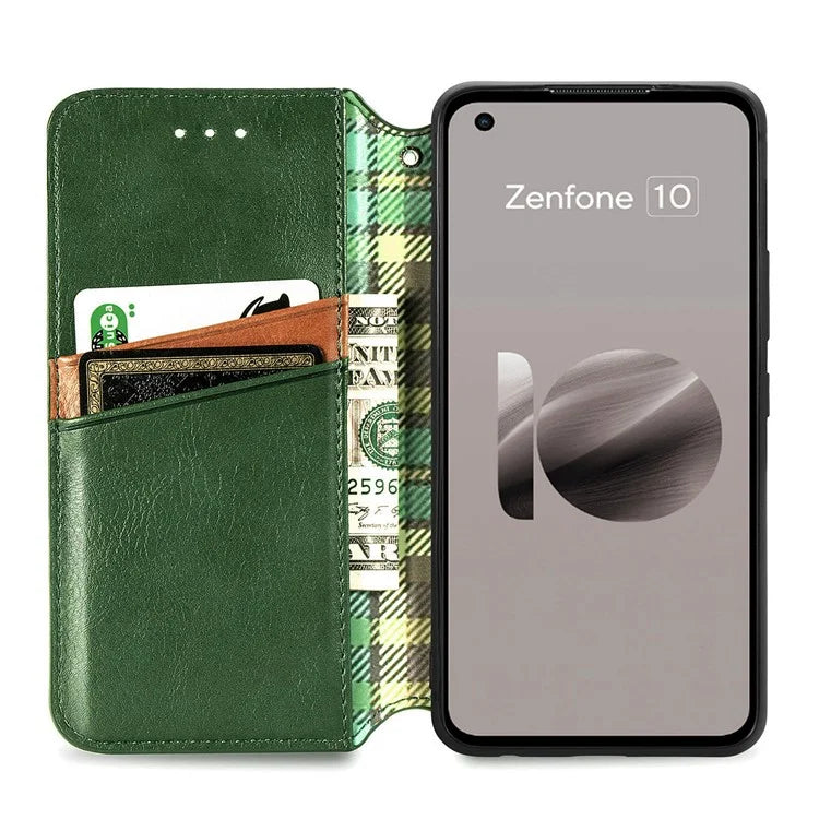 For Asus Zenfone 10 5G Magnetic Case PU Leather Rhombus Imprinted Anti-drop Phone Wallet Cover