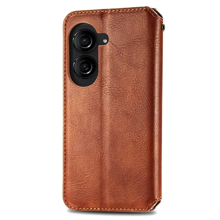 For Asus Zenfone 10 5G Magnetic Case PU Leather Rhombus Imprinted Anti-drop Phone Wallet Cover