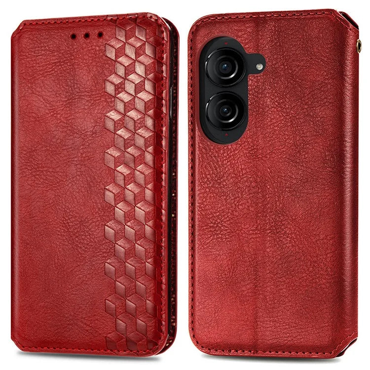 For Asus Zenfone 10 5G Magnetic Case PU Leather Rhombus Imprinted Anti-drop Phone Wallet Cover
