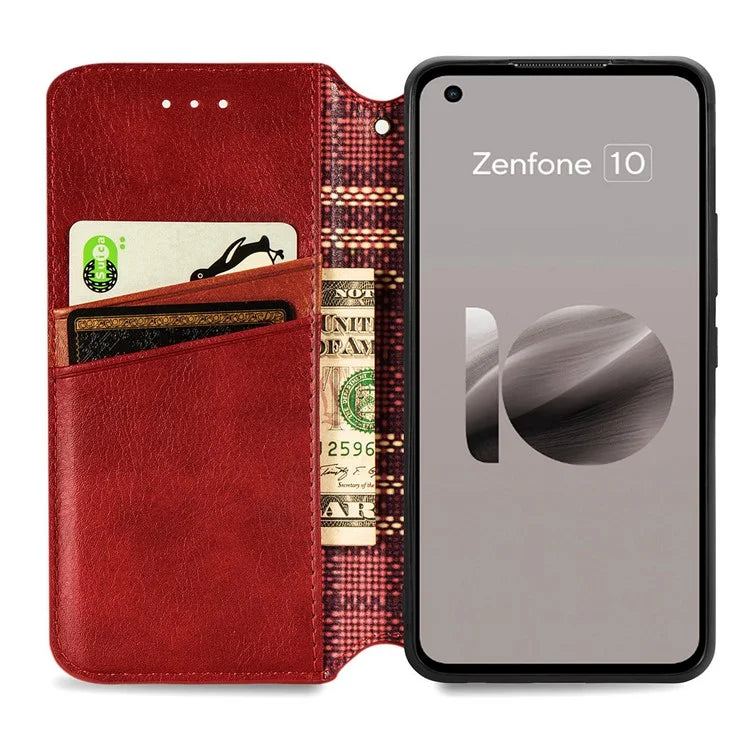 For Asus Zenfone 10 5G Magnetic Case PU Leather Rhombus Imprinted Anti-drop Phone Wallet Cover