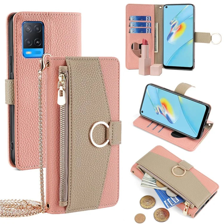 For Oppo A54 4G Leather Case Stand Multi-functional Mobile Phone Cover Wallet with Chain Strap