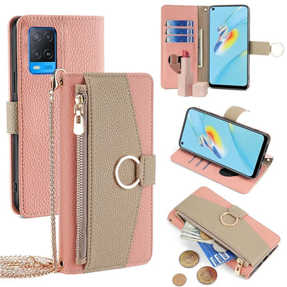 For Oppo A54 4G Leather Case Stand Multi-functional Mobile Phone Cover Wallet with Chain Strap