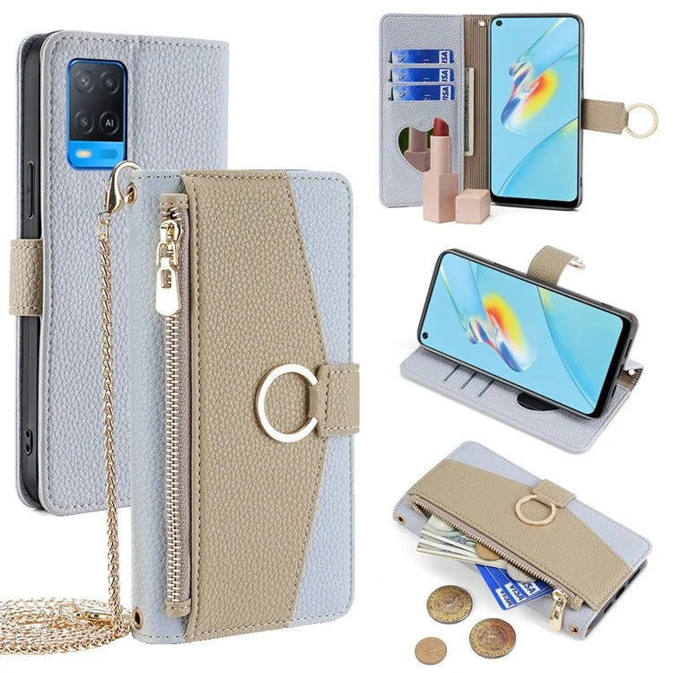 For Oppo A54 4G Leather Case Stand Multi-functional Mobile Phone Cover Wallet with Chain Strap