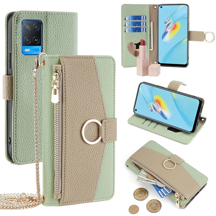 For Oppo A54 4G Leather Case Stand Multi-functional Mobile Phone Cover Wallet with Chain Strap