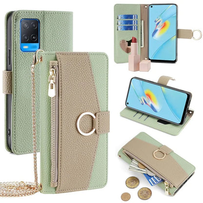 For Oppo A54 4G Leather Case Stand Multi-functional Mobile Phone Cover Wallet with Chain Strap