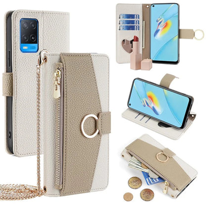 For Oppo A54 4G Leather Case Stand Multi-functional Mobile Phone Cover Wallet with Chain Strap