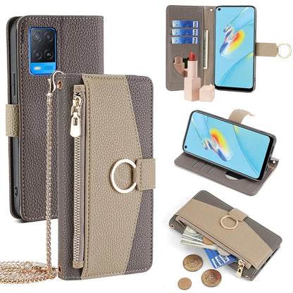For Oppo A54 4G Leather Case Stand Multi-functional Mobile Phone Cover Wallet with Chain Strap