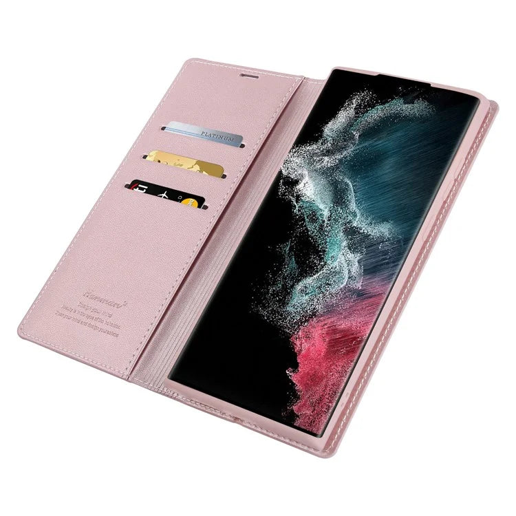 HANMAN Minuo Series For Samsung Galaxy S24 Ultra Magnetic Case PU Leather Wallet Phone Cover Gold
