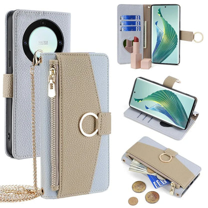 For Honor X9a 5G Cover Leather Phone Strap Case with Card Holder Stand Wallet