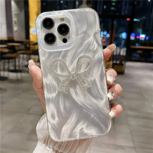 Anti-Drop PC+TPU Cover for iPhone 15 Pro Max Case Silver Silk Rhinestone Decor Phone Shell