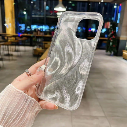 Anti-Drop PC+TPU Cover for iPhone 15 Pro Max Case Silver Silk Rhinestone Decor Phone Shell