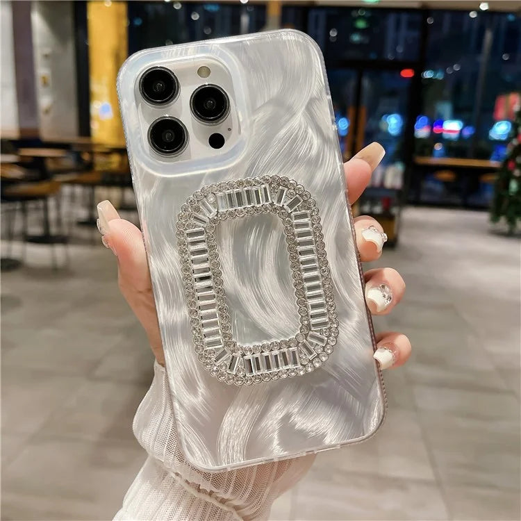 Anti-Drop PC+TPU Cover for iPhone 15 Pro Max Case Silver Silk Rhinestone Decor Phone Shell