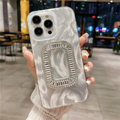 Anti-Drop PC+TPU Cover for iPhone 15 Pro Max Case Silver Silk Rhinestone Decor Phone Shell