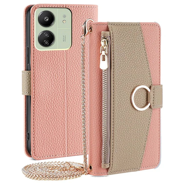 For Xiaomi Redmi 13C 4G / Poco C65 4G Case PU Leather Zipper Pockets Phone Cover with Mirror