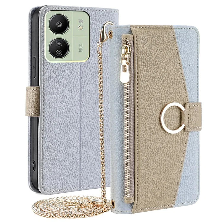 For Xiaomi Redmi 13C 4G / Poco C65 4G Case PU Leather Zipper Pockets Phone Cover with Mirror
