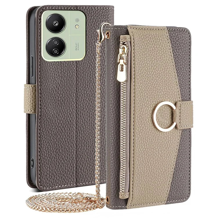 For Xiaomi Redmi 13C 4G / Poco C65 4G Case PU Leather Zipper Pockets Phone Cover with Mirror