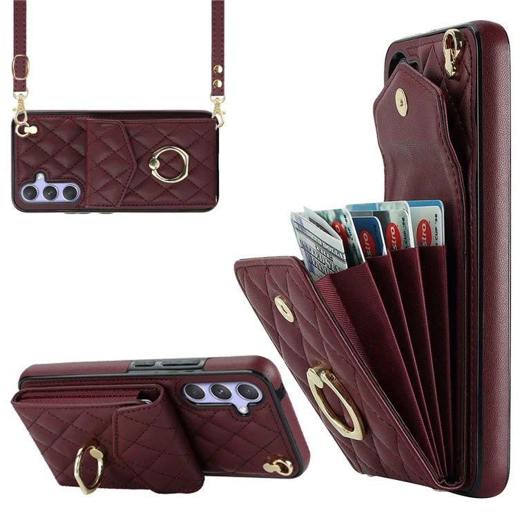 For Samsung Galaxy S23 FE Case Card Holder Ring Kickstand Leather+TPU Crossbody Cover