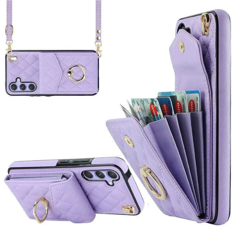 For Samsung Galaxy S23 FE Case Card Holder Ring Kickstand Leather+TPU Crossbody Cover
